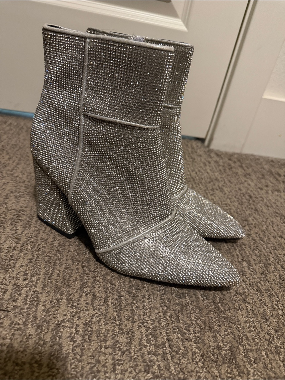 a new day Silver Rhinestone Pointed Toe Block Heel Ankle Boots
